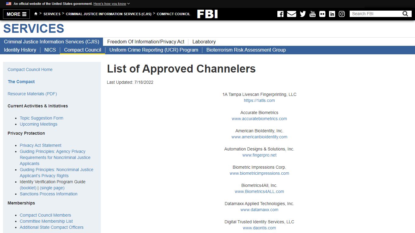 List of Approved Channelers — FBI